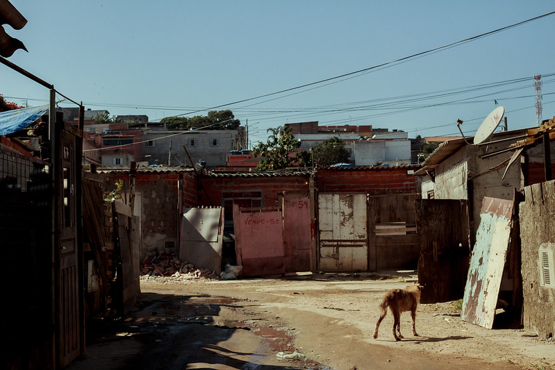 Comunidade com casas de madeira e ausência de saneamento básico, retratando a realidade de milhões de mulheres sem moradia digna e acesso à saúde.